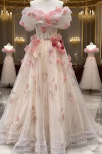 Ball Gown Champagne Floral Formal Prom Dresses Long Party Dresses