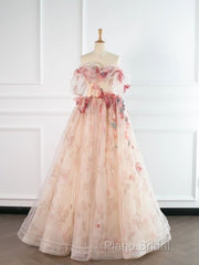 Ball Gown Champagne Tulle Floral Formal Prom Dresses