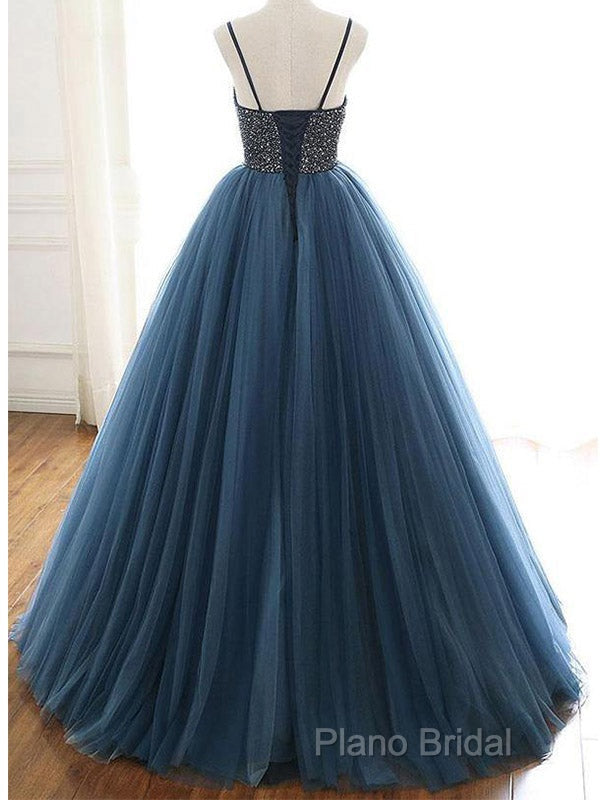 Ball Gown Deep Blue Tulle Formal Prom Dresses Formal Dresses With Beading,