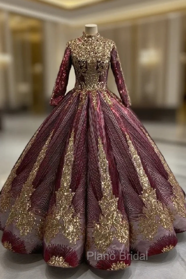 Ball Gown Gold Sequins Long Sleeve High Neck Formal Prom Dresses Main image