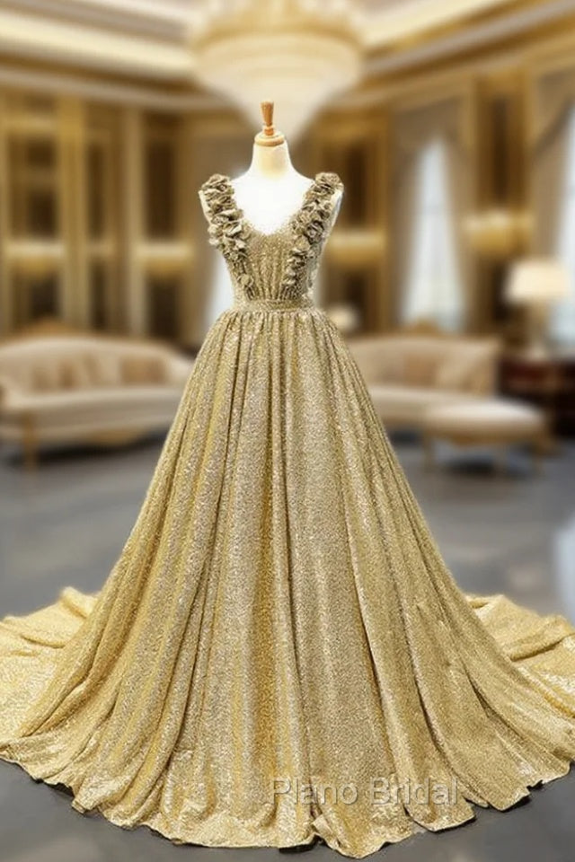 Ball Gown Gold Sequins V-neck Appliques Formal Prom Dresses With Train Main image