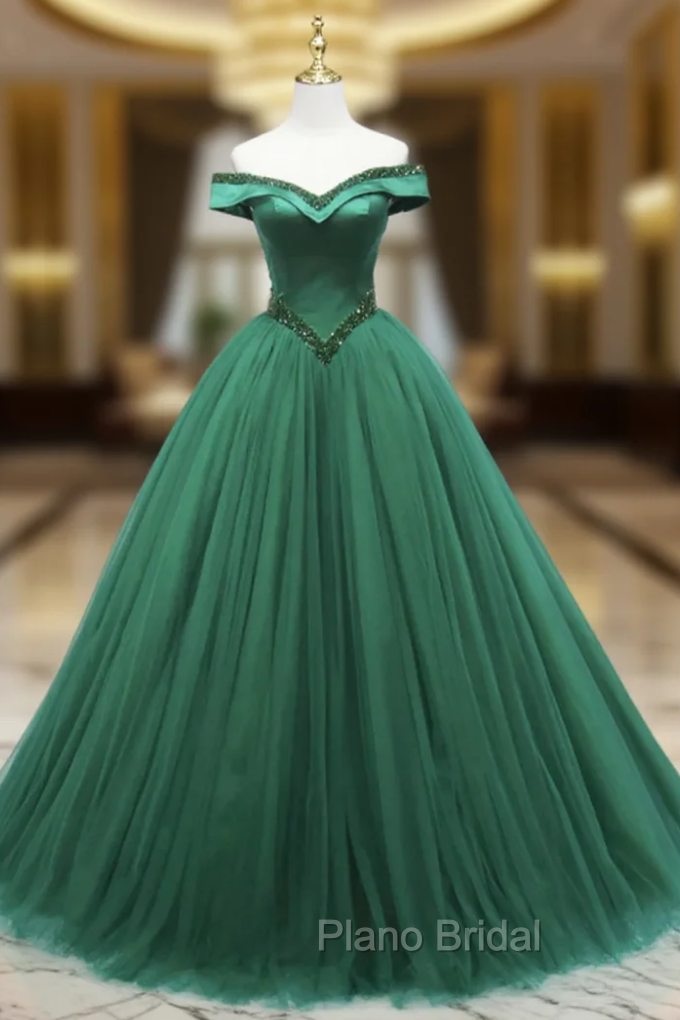 Ball Gown Green Tulle Off the Shoulder Beading Formal Prom Dresses Main image