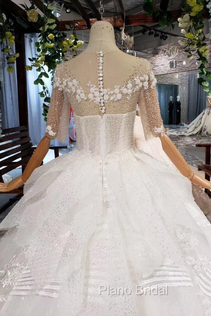 Ball Gown Half Sleeves Lace Bridal Dresses With Sequins, Princess Long Wedding Dresses