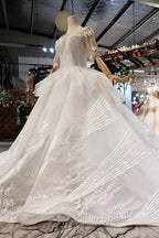 Ball Gown Half Sleeves Lace Bridal Dresses With Sequins, Princess Long Wedding Dresses