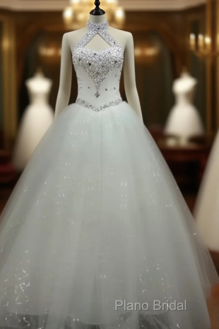Ball-Gown Halter Beading Floor-Length Tulle Wedding Dresses Main image