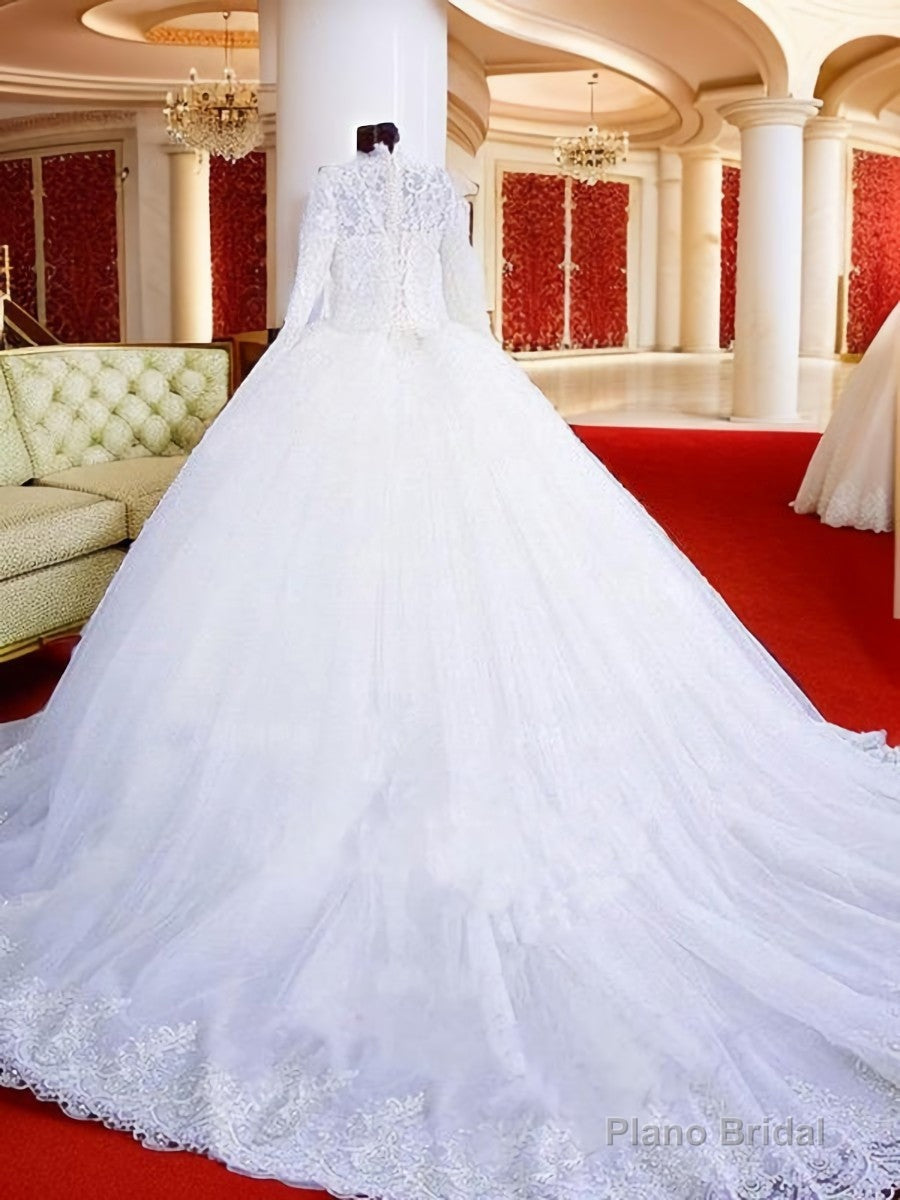 Ball-Gown High Neck Long Sleeves Lace Chapel Train Tulle Wedding Dress Secondary image