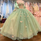 Ball Gown Light Green Tulle Quinceanera Dresses With Butterflies