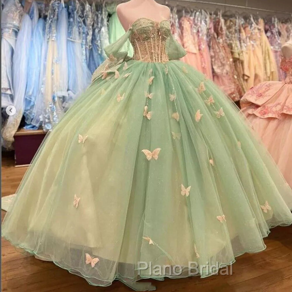 Ball Gown Light Green Tulle Quinceanera Dresses With Butterflies