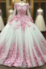 Ball Gown Long Sleeve Tulle Formal Prom Flowers Wedding Dresses