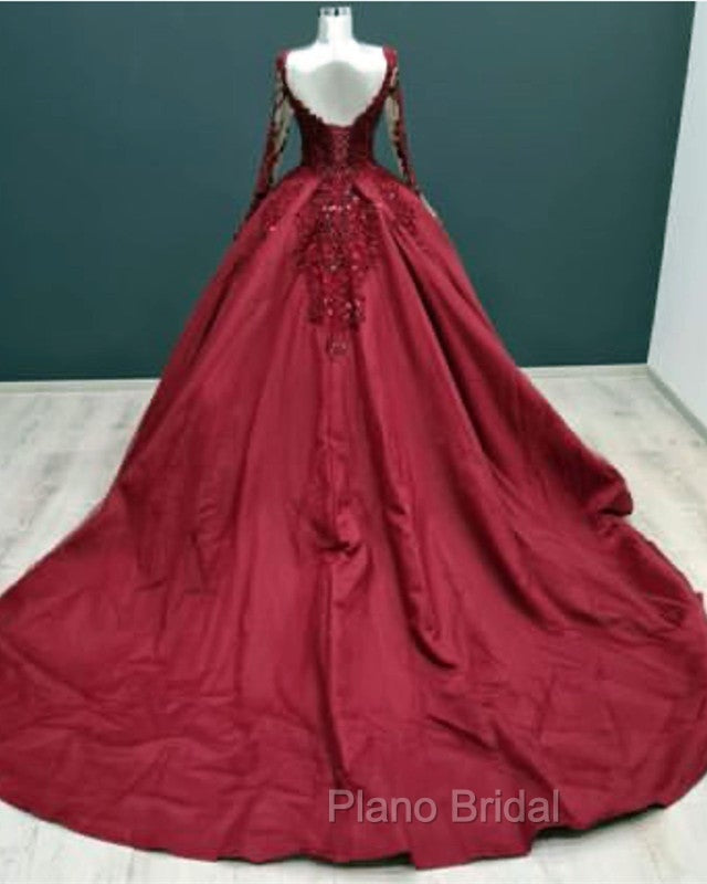 Ball Gown Long Sleeves Lace Appliques Satin V Neck Dresses Secondary image