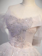 Ball Gown Off Shoulder Tulle Sequin Light Pink Long Formal Prom Dresses