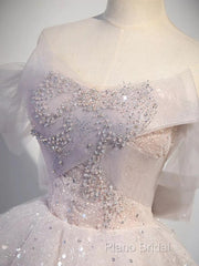 Ball Gown Off Shoulder Tulle Sequin Light Pink Long Formal Prom Dresses