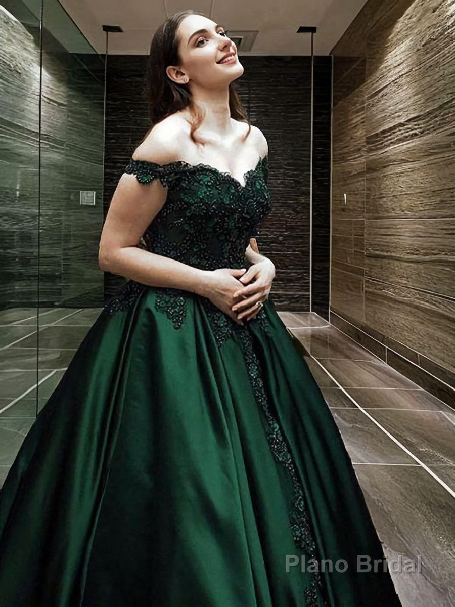 Ball Gown Off-the-Shoulder Floor-Length Satin Prom Dresses With Appliques Lace Secondary image