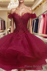 Ball Gown Off-the-Shoulder Short/Mini Organza Homecoming Dresses With Appliques Lace