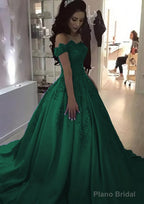 Ball Gown Off-the-Shoulder Sleeveless Sweep Train Satin Prom Dresses With Appliqued Beading