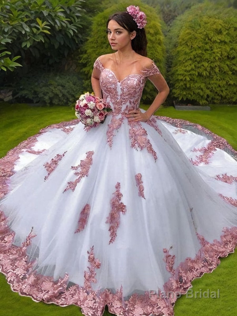 Ball Gown Off-the-Shoulder Sweep Train Lace Wedding Dresses With Appliques Lace Main image