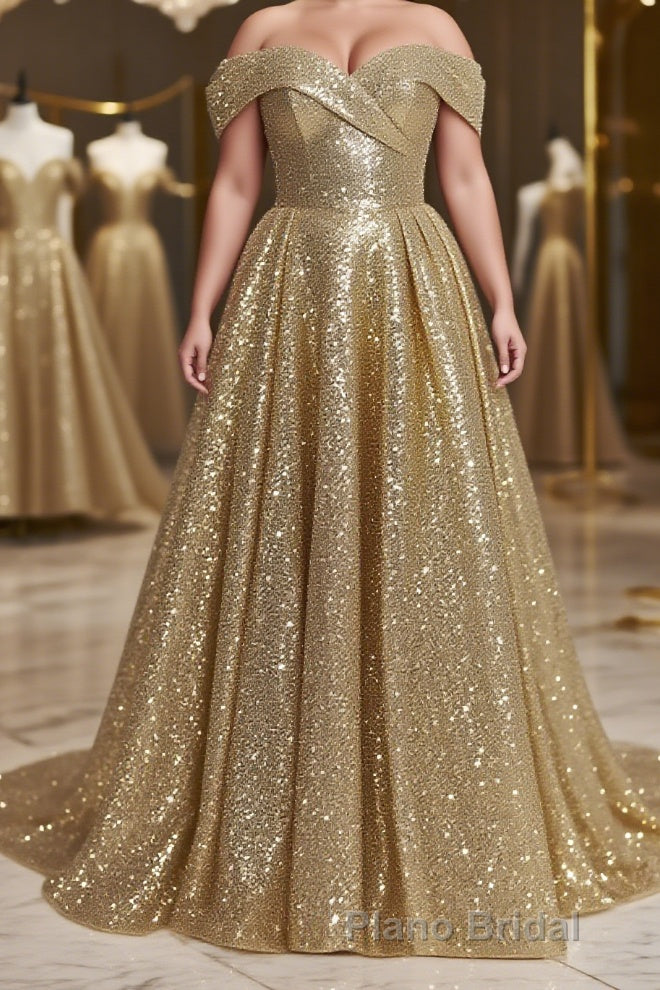 Ball Gown Off-the-Shoulder Sweep Train Sequins Formal Prom Dresses With Lace Main image