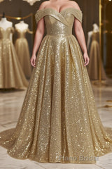 Ball Gown Off-the-Shoulder Sweep Train Sequins Formal Prom Dresses With Lace