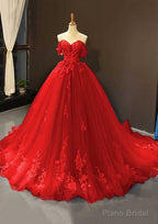 Ball Gown Off-the-Shoulder Sweep Train Tulle Prom Dresses With Appliqued