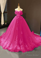 Ball Gown Off-the-Shoulder Sweep Train Tulle Prom Dresses With Appliqued