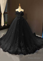 Ball Gown Off-the-Shoulder Sweep Train Tulle Prom Dresses With Appliqued