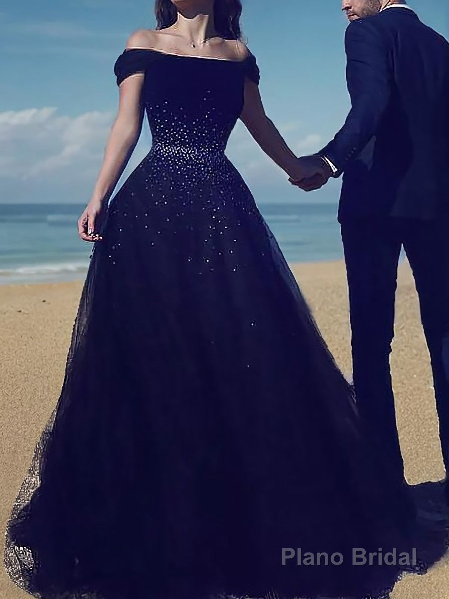 Ball Gown Off-the-Shoulder Sweep Train Tulle Prom Dresses With Beading Main image
