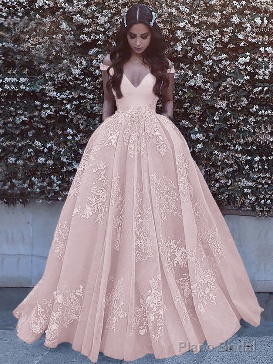 Ball Gown Off-the-Shoulder Sweep Train Tulle Prom Dresses With Pockets