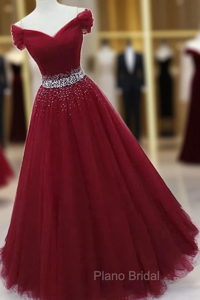 Ball Gown Off-the-Shoulder Tulle Long/Floor-Length Sparkling Formal Prom Dresses With Beading Main image