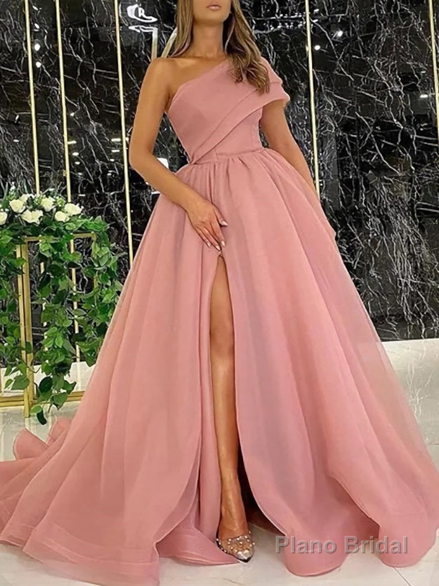Ball Gown One-Shoulder Sweep Train Organza Prom Dresses With Leg Slit Main image