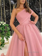 Ball Gown One-Shoulder Sweep Train Organza Prom Dresses With Leg Slit