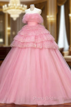 Ball Gown Pink Tulle Sequins Long Formal Prom Evening Dresses, Beautiful Pink Strapless Sweet 16 Dresses