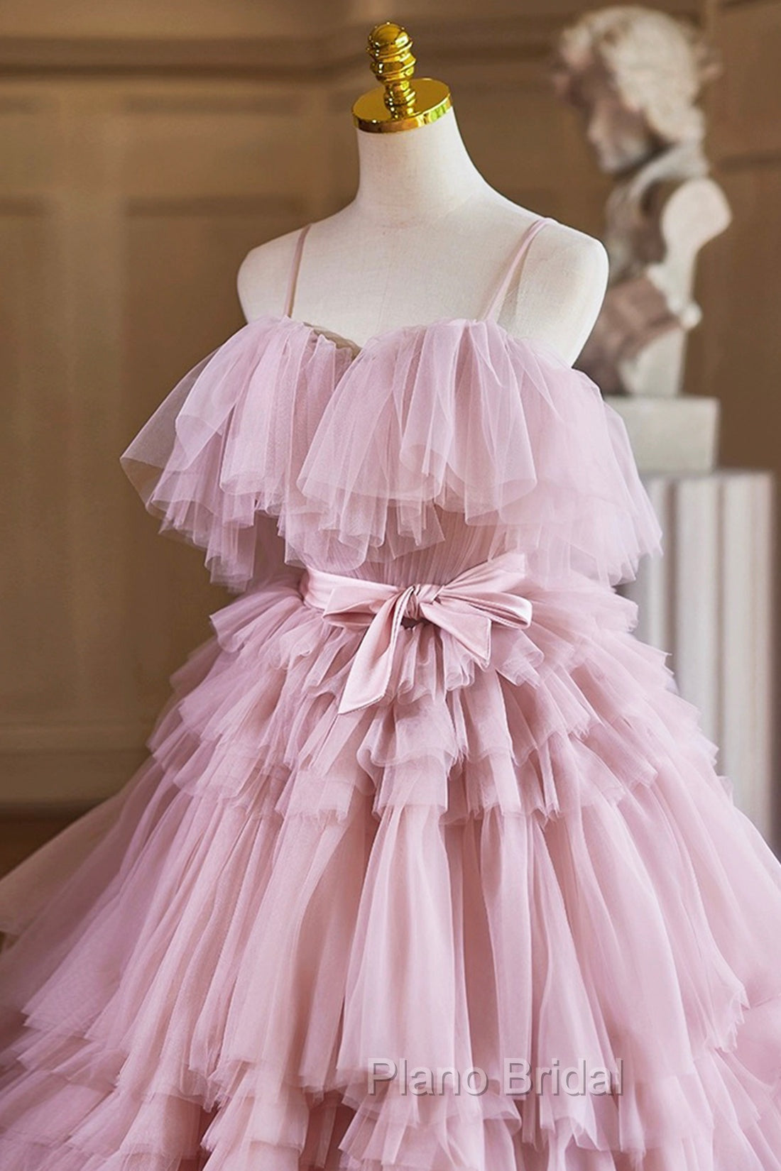 Ball Gown Pink Tulle Spaghetti Strap Long Formal Prom Evening Dresses, Pink Sweet 16 Dresses
