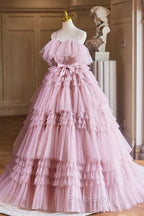 Ball Gown Pink Tulle Spaghetti Strap Long Formal Prom Evening Dresses, Pink Sweet 16 Dresses