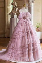 Ball Gown Pink Tulle Spaghetti Strap Long Formal Prom Evening Dresses, Pink Sweet 16 Dresses
