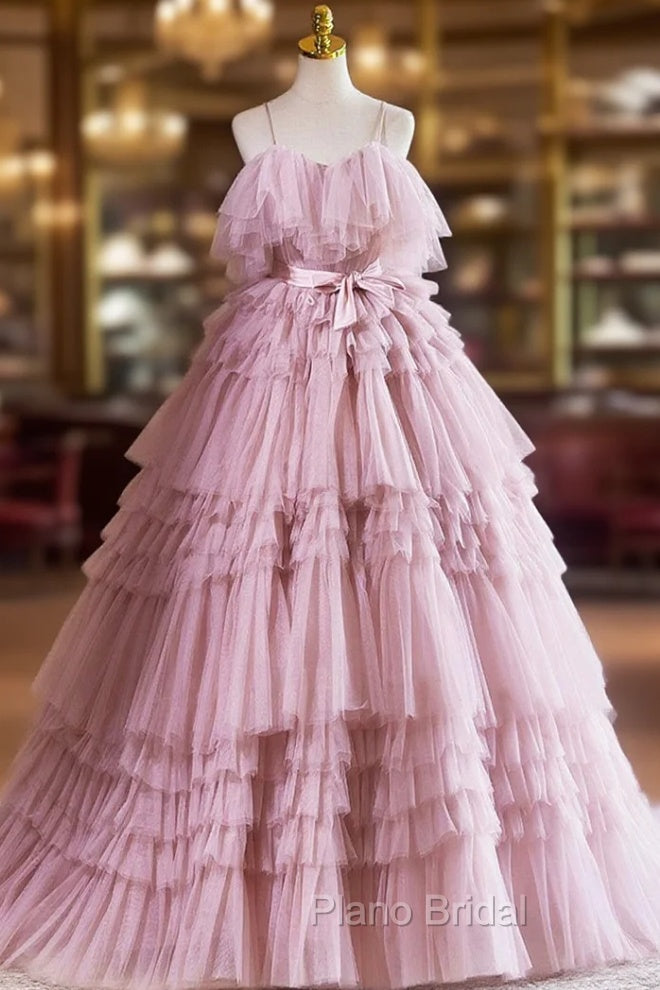 Ball Gown Pink Tulle Spaghetti Strap Long Formal Prom Evening Dresses, Pink Sweet 16 Dresses Main image