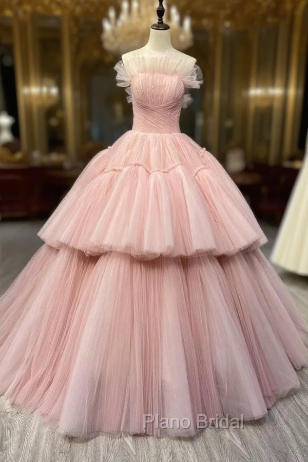 Ball Gown Pink Tulle Strapless Long Formal Prom Evening Dresses, Pink Sweet 16 Dresses Main image