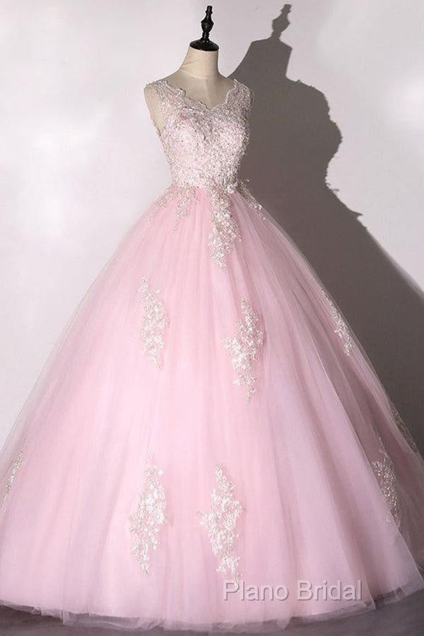 Ball Gown Pink V-Neck Formal Prom Dresses Tulle Applique Long Formal Dresses Secondary image
