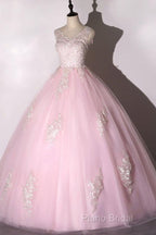 Ball Gown Pink V-Neck Formal Prom Dresses Tulle Applique Long Formal Dresses