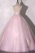 Ball Gown Pink V-Neck Formal Prom Dresses Tulle Applique Long Formal Dresses