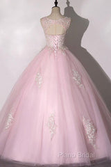 Ball Gown Pink V-Neck Formal Prom Dresses Tulle Applique Long Formal Dresses