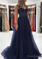 Ball Gown Princess Sweetheart Tulle Sweep Train Prom Dresses With Appliqued Lace