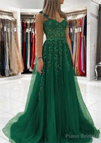 Ball Gown Princess Sweetheart Tulle Sweep Train Prom Dresses With Appliqued Lace