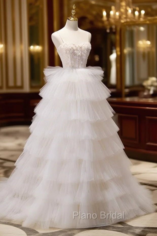 Ball-Gown/Princess Tulle White Long Formal Prom Dresses With Beading Flower Cascading Ruffles