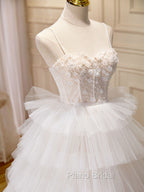 Ball-Gown/Princess Tulle White Long Formal Prom Dresses With Beading Flower Cascading Ruffles