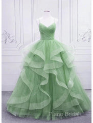 Ball Gown Formal Prom Dresses Glittering Dresses Formal Floor Length Sleeveless V Neck Tulle With Glitter Ruffles