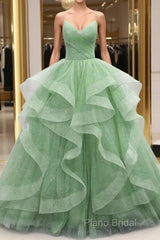 Ball Gown Formal Prom Dresses Glittering Dresses Formal Floor Length Sleeveless V Neck Tulle With Glitter Ruffles