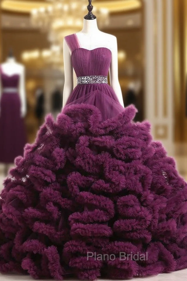 Ball Gown Purple One Shoulder Tulle Ruffle Crystal Wedding Dresses Main image