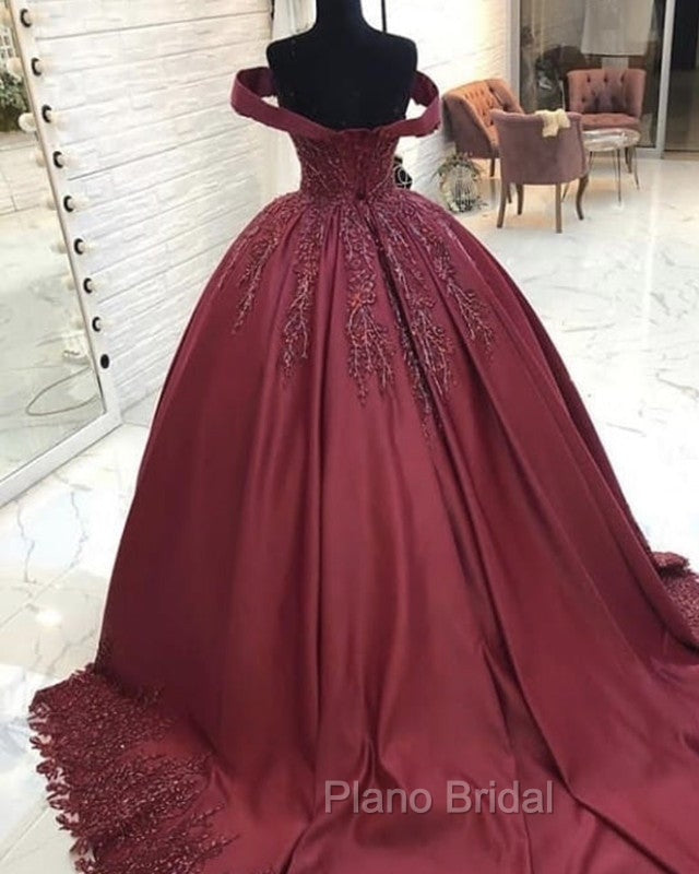 Ball Gown Satin Dresses Off The Shoulder Lace Appliques