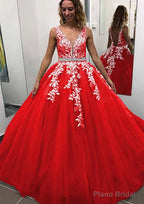 Ball Gown Sleeveless Long/Floor-Length Tulle Prom Dresses With Lace Appliqued Beading