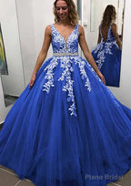 Ball Gown Sleeveless Long/Floor-Length Tulle Prom Dresses With Lace Appliqued Beading
